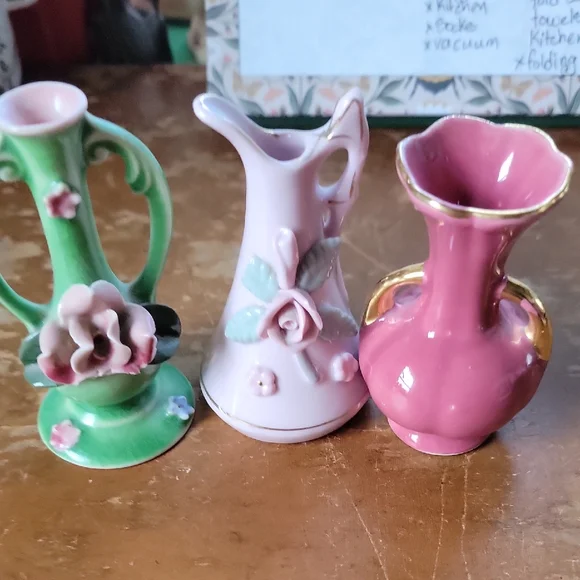 Floral Ceramic Vase Set - Green, Pink, and Gold - Picture 1 of 4